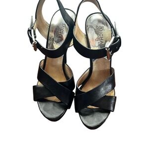 Michael Kors Oksana Black Leather Criss Cross Ankle Strap High Heel Sandals 6.5M
